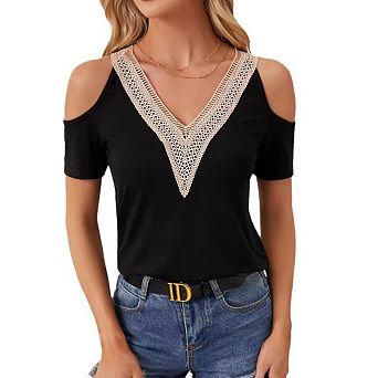 Women's Cold Shoulder Short Sleeve T-Shirt Contrast Lace V Neck Soft Stretch Casual Knit Blouse