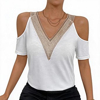 Women's Cold Shoulder Short Sleeve T-Shirt Contrast Lace V Neck Soft Stretch Casual Knit Blouse