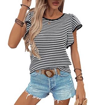 Women's Round Neck Striped Knit Top Ruffle Cap Sleeve Contrast Trim Casual Short Sleeve Blouse