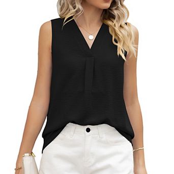 Women's Sleeveless V Neck Tank Top Front Pleat Cotton Linen Loose Fit Casual Office Blouse