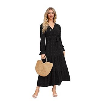 Women Long Sleeve Dresses Casual Boho Vacation V Neck High Waist Tiered Long Maxi Dress