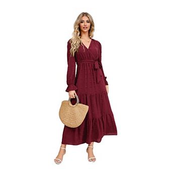Women Long Sleeve Dresses Casual Boho Vacation V Neck High Waist Tiered Long Maxi Dress
