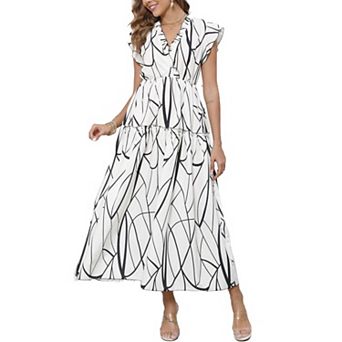 Womens Summer Casual Maxi Dress V Neck Ruffle Sleeve Fashion Flowy Beach Vacation Long Dresses