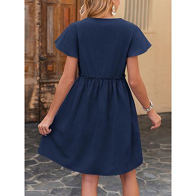 Women's Boho V Neck Ruffle Short Sleeve Dress Button Front Flowy Mini Dress