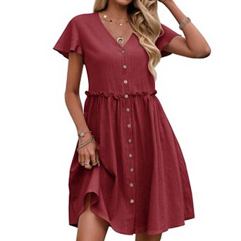 Women's Boho V Neck Ruffle Short Sleeve Dress Button Front Flowy Mini Dress