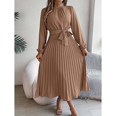 pleated tie belt dress Black Collared V Neck Pleated Tie Belt Midi Dress