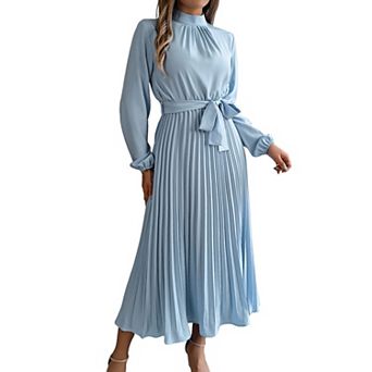 Women's Mock Neck Long Sleeve Tie Belt Pleated Midi Dress Elegant Vintage Flowy Dress
