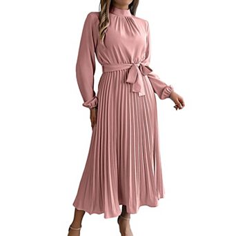 Women's Mock Neck Long Sleeve Tie Belt Pleated Midi Dress Elegant Vintage Flowy Dress