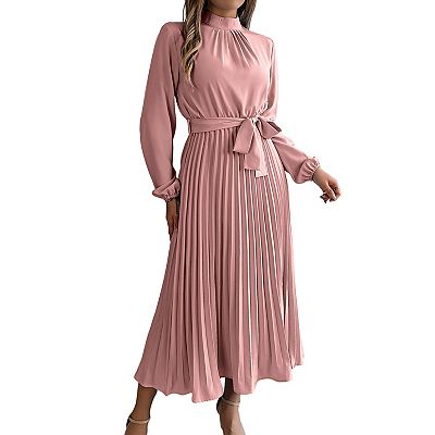 mock neck flowy dress Women'S Maxi Dress Sleeveless Pleated A Line Mock Neck Flowy Long Dresses  White S