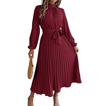 Women's Mock Neck Long Sleeve Tie Belt Pleated Midi Dress Elegant Vintage Flowy Dress