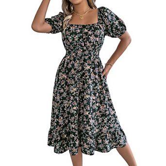 Women's Floral Square Neck Puff Short Sleeve Smocked Waist Ruffle Hem A Line Mini Dress