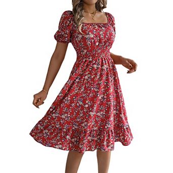 Women's Floral Square Neck Puff Short Sleeve Smocked Waist Ruffle Hem A Line Mini Dress