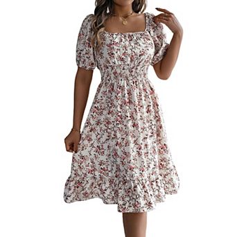 Women's Floral Square Neck Puff Short Sleeve Smocked Waist Ruffle Hem A Line Mini Dress
