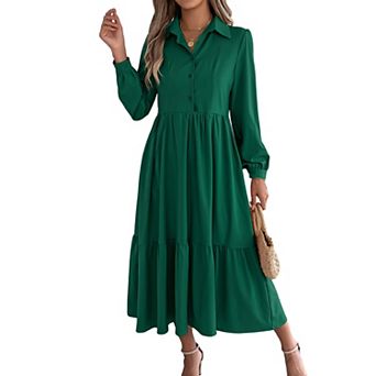 Women Lapel Collar Button Down Long Sleeve Tiered Ruffle Loose Midi Shirt Dress