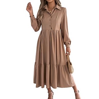 Women Lapel Collar Button Down Long Sleeve Tiered Ruffle Loose Midi Shirt Dress