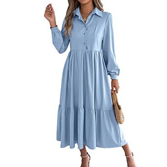 Women Lapel Collar Button Down Long Sleeve Tiered Ruffle Loose Midi Shirt Dress