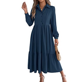 Women Lapel Collar Button Down Long Sleeve Tiered Ruffle Loose Midi Shirt Dress