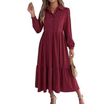 Women Lapel Collar Button Down Long Sleeve Tiered Ruffle Loose Midi Shirt Dress