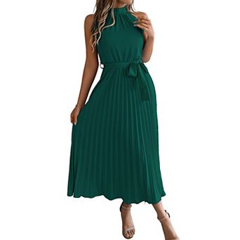 Women's Halter Mock Neck Sleeveless Tie Waist Pleated Midi Dress Elegant Solid Dress