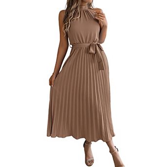 Women's Halter Mock Neck Sleeveless Tie Waist Pleated Midi Dress Elegant Solid Dress