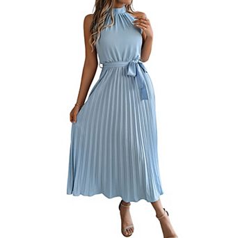 Women's Halter Mock Neck Sleeveless Tie Waist Pleated Midi Dress Elegant Solid Dress