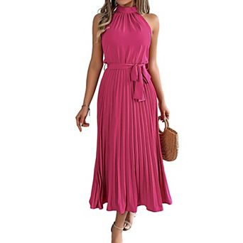 Women's Halter Mock Neck Sleeveless Tie Waist Pleated Midi Dress Elegant Solid Dress