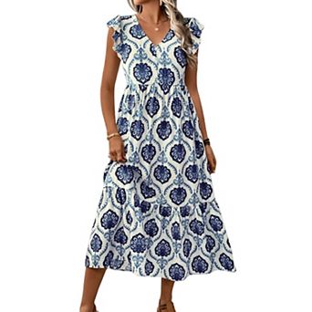 Women French Vacation Floral Print V Neck Ruffle Cap Sleeve Loose Casual Midi Dress
