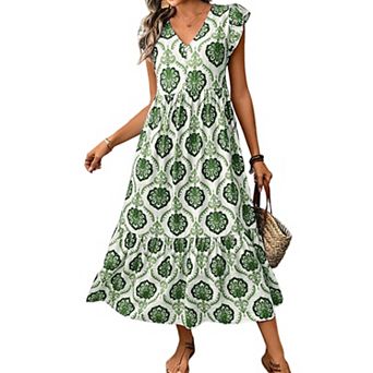 Women French Vacation Floral Print V Neck Ruffle Cap Sleeve Loose Casual Midi Dress