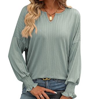 Women's Loose Casual V Neck Top Drop Shoulder Batwing Sleeves Top with Smocked Ruffle Cuffs