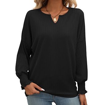 Women's Loose Casual V Neck Top Drop Shoulder Batwing Sleeves Top with Smocked Ruffle Cuffs