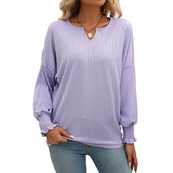 Women's Loose Casual V Neck Top Drop Shoulder Batwing Sleeves Top with Smocked Ruffle Cuffs