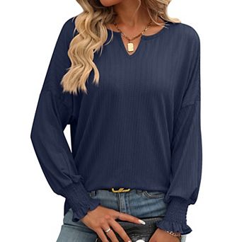 Women's Loose Casual V Neck Top Drop Shoulder Batwing Sleeves Top with Smocked Ruffle Cuffs