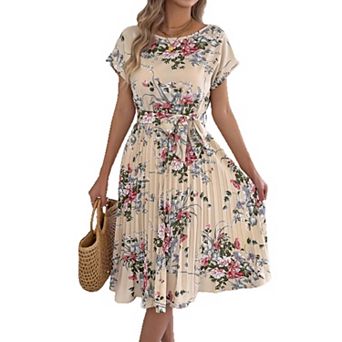 Womens Summer Floral Midi Dresses Casual Crew Neck Short Sleeve Tie Waist Pleated Skirt Dress