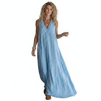 Womens Summer Halter Maxi Dress Casual Sleeveless V Neck Long Beach Vacation Sundress