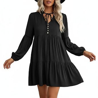 Womens Long Sleeve Tunic Mini Dress Casual Tie Button V Neck Loose Ruffle Tiered Short Dress