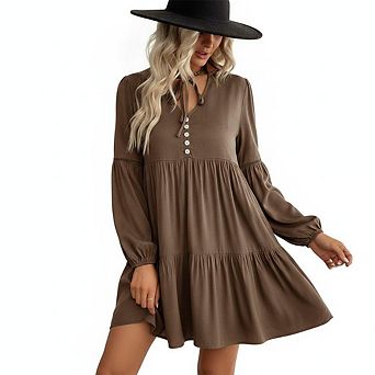 Womens Long Sleeve Tunic Mini Dress Casual Tie Button V Neck Loose Ruffle Tiered Short Dress