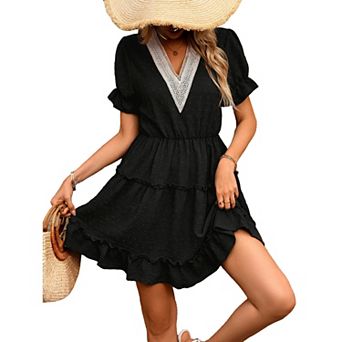 Womens Lace V Neck Casual Mini Dresses Summer Puff Short Sleeve High Waist Ruffle Tiered Short Dress