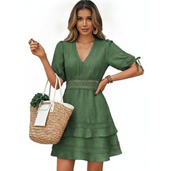 Women's Summer Mini Dress Casual V Neck Puff Short Sleeve Hollow Out A Line Tiered Short Dresses