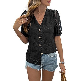 Women's Eyelet Lace Button Down Shirts Crew Neck Short Puff Sleeve Casual Office Tops