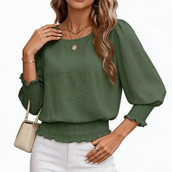 Women's Smocked Dressy Blouse 3/4 Length Sleeve Elastic Cinched Waist Casual Office Wear Tops
