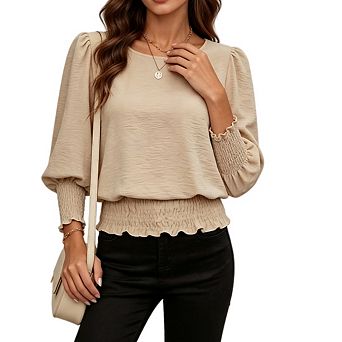 Women's Smocked Dressy Blouse 3/4 Length Sleeve Elastic Cinched Waist Casual Office Wear Tops