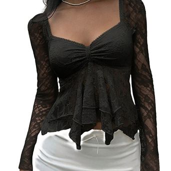 Women’s Floral Print Mesh Long Sleeve Top, Cute Summer Going Out Casual Daily Clothing Blouse
