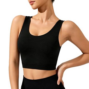 Women Wide Strap U Neck Basic Crop Tank Top Light Support Workout Sports Cami for Yoga Gym