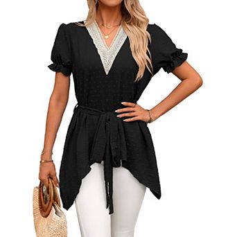 Women's Basic Belted Waist T-Shirt V Neck Short Sleeve Casual Summer Daily Blouse Top