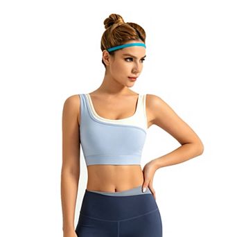 Women Two Layer Fake Design Sports Bra Square Neck Crop Workout Tank Top for Yoga Running Gym