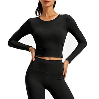 Women Curved Seam Long Sleeve Fitted Workout Crop Top Slim Tummy Contour Athletic Shirt for Yoga Gym