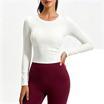 Women Curved Seam Long Sleeve Fitted Workout Crop Top Slim Tummy Contour Athletic Shirt for Yoga Gym
