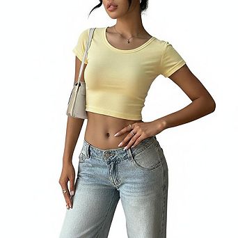 Women Crew Neck Basic Cropped Short Sleeve T Shirt Slim Fit Casual Crop Top Everyday Street Daily Go