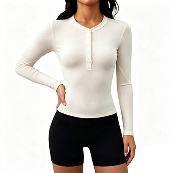 Women Henley Partial Button Ribbed Long Sleeve Slim Fit Workout Top