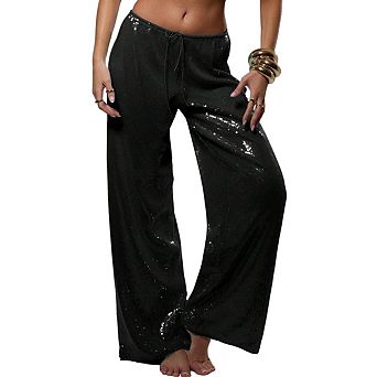 Women's Elastic High Waist Sequin Wide Leg Pants Bling Glitter Party Dance Trousers